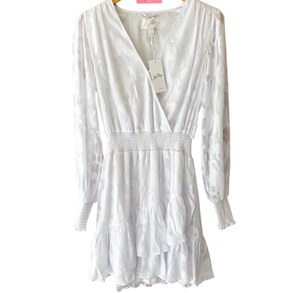 Lilly Pulitzer White Christiana Long Sleeve Dress Poly Crepe Swirl Tired Size 10